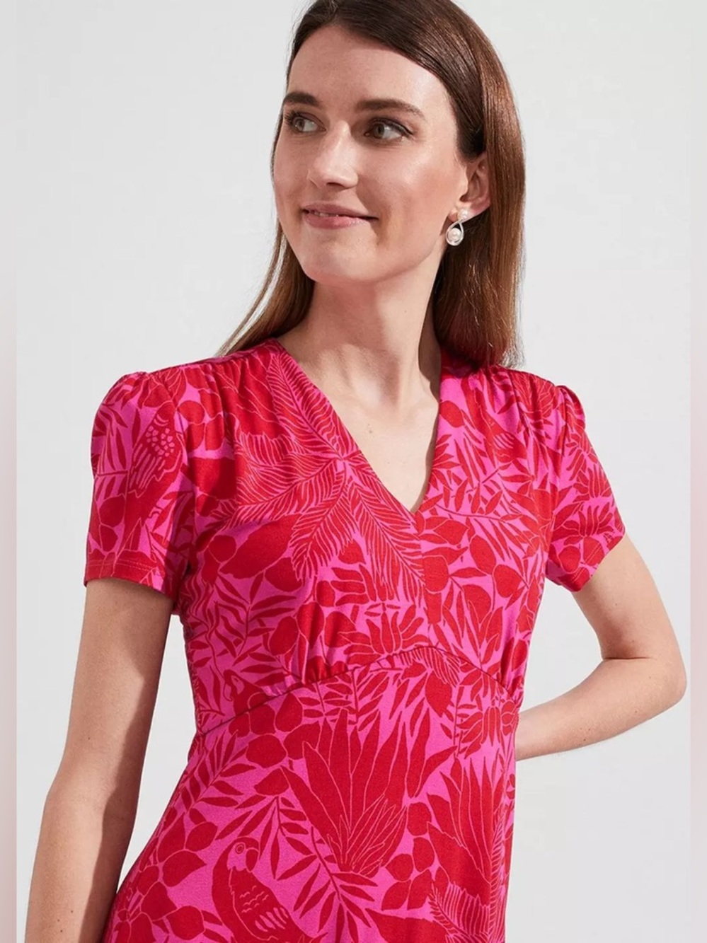 Hobbs Ann Floral Bird Jersey Dress Red Pink Short Sleeve Fit & Flare Size 12 - Picture 3 of 13